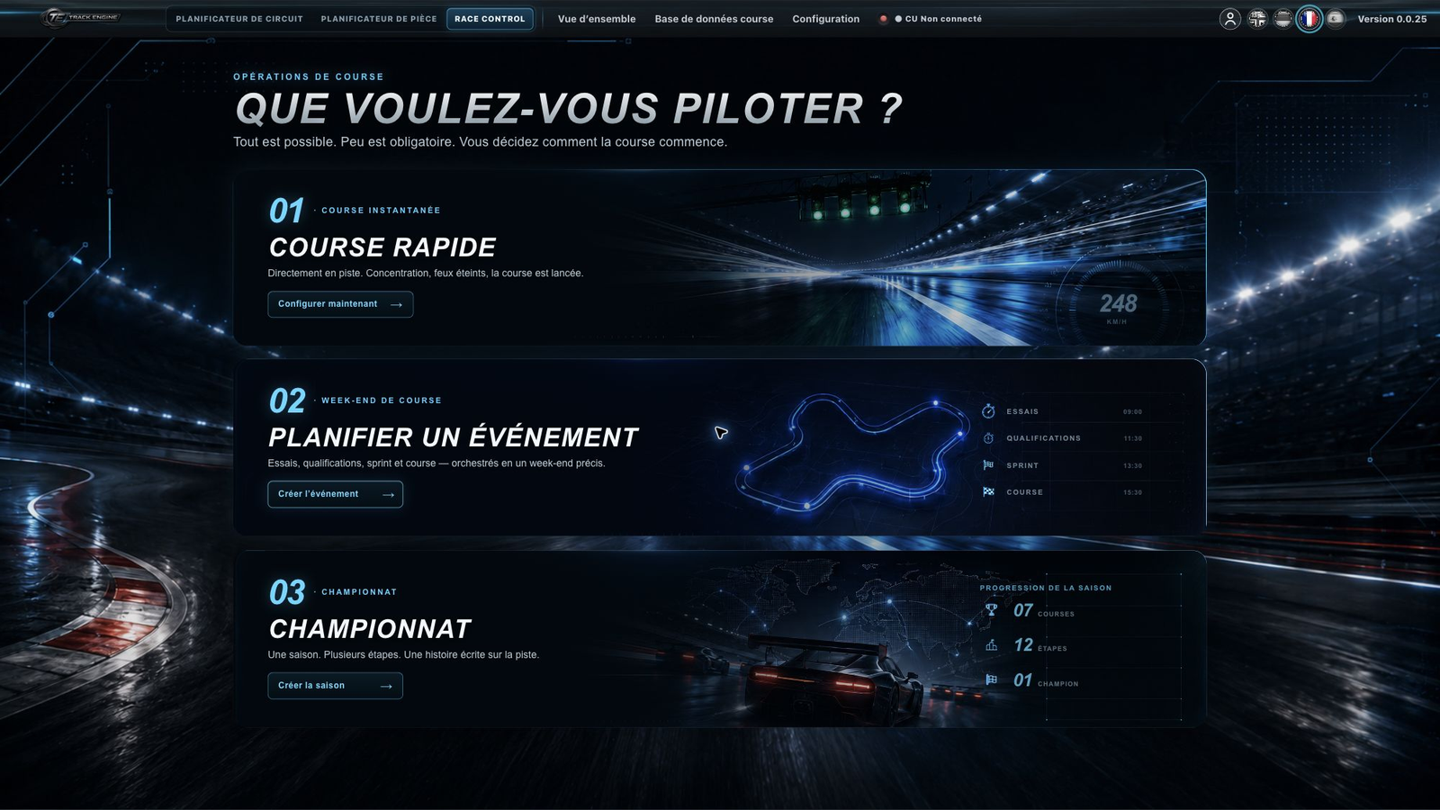 Vue d’ensemble Race Control avec le choix Course rapide