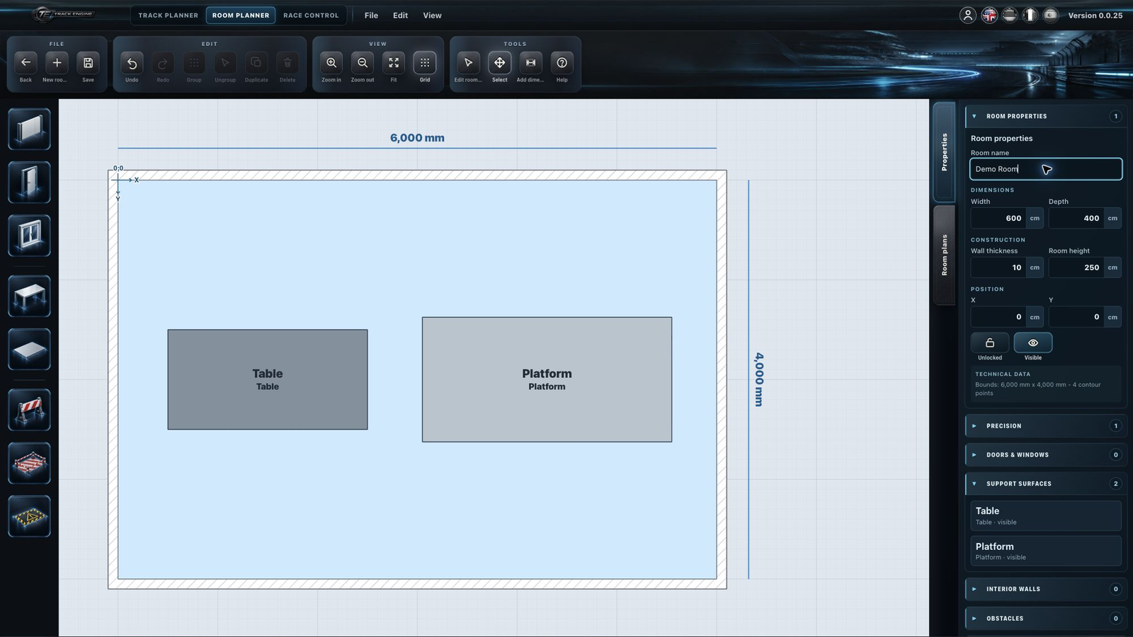 Room Planner showing a 600 × 400 cm room with two support surfaces