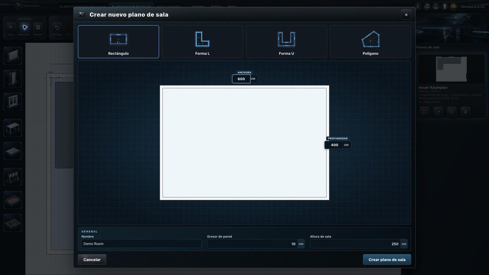 Crear un plano de sala: elegir la forma, introducir medidas y revisar la vista previa