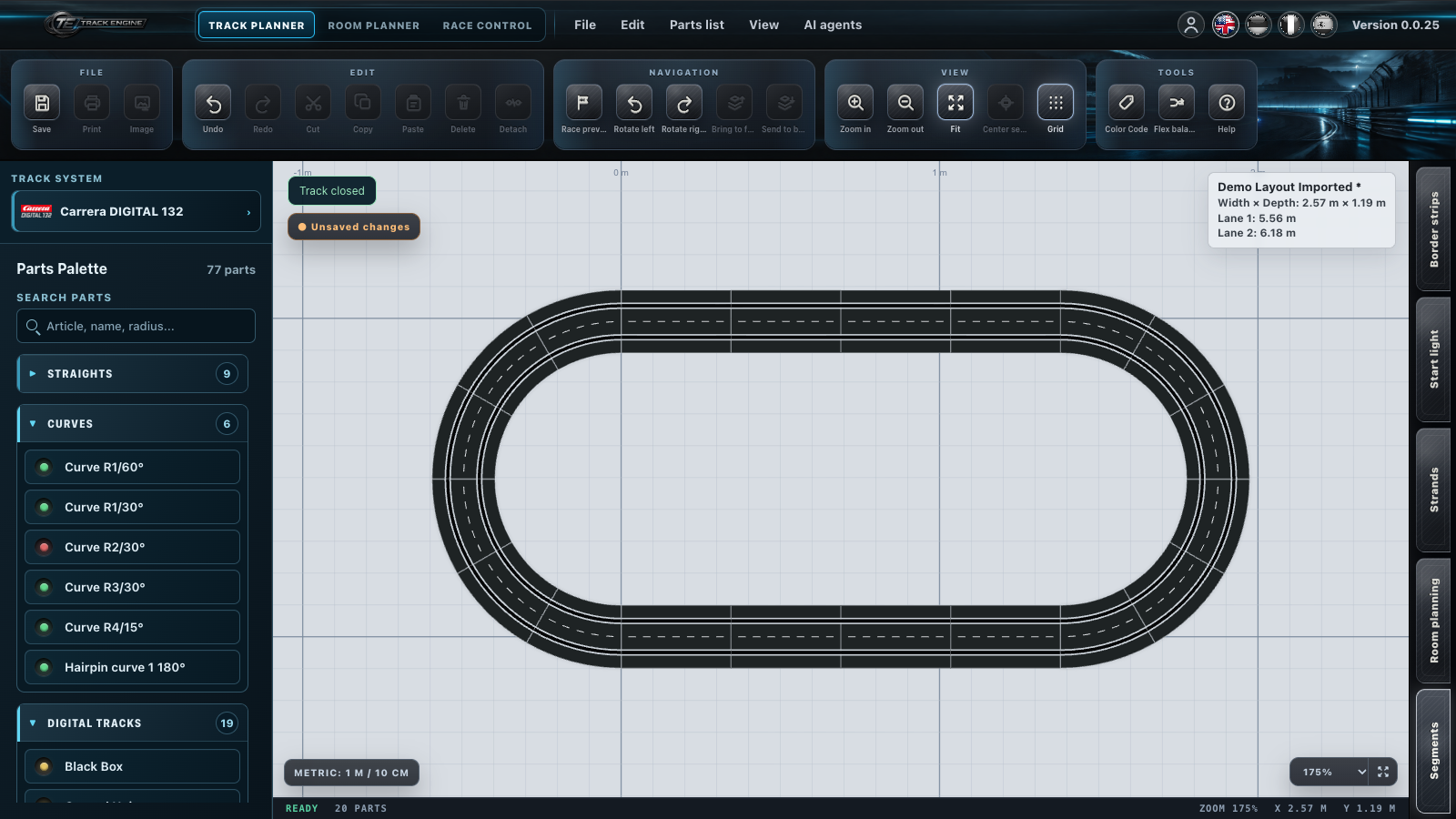 Parts palette with track system, search field and available track pieces