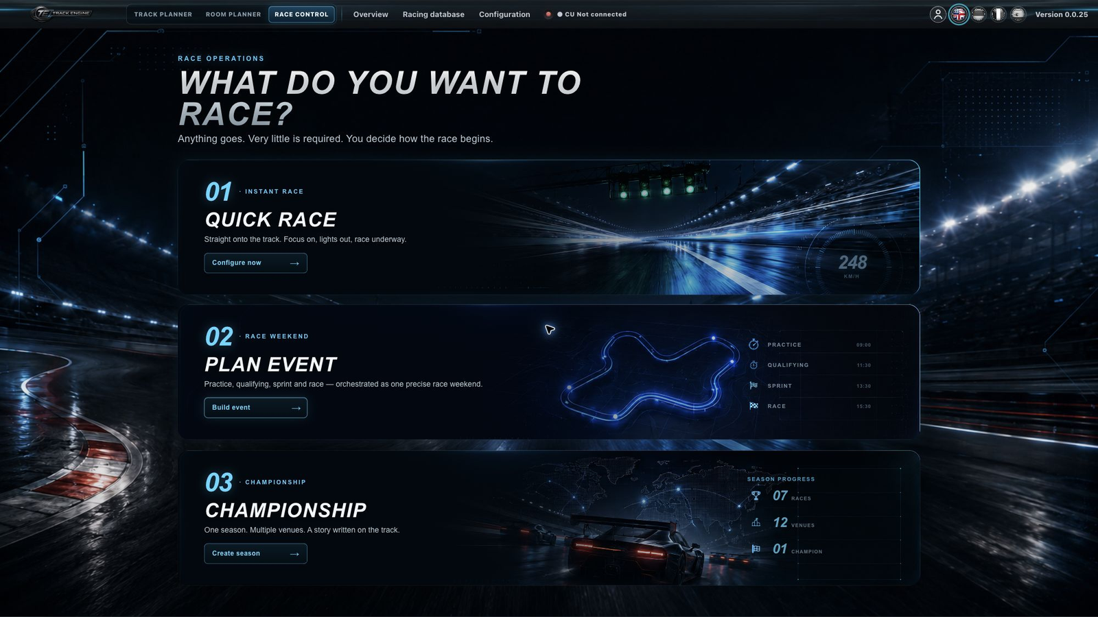 Race Control entry screen with Quick Race, Plan Event and Championship