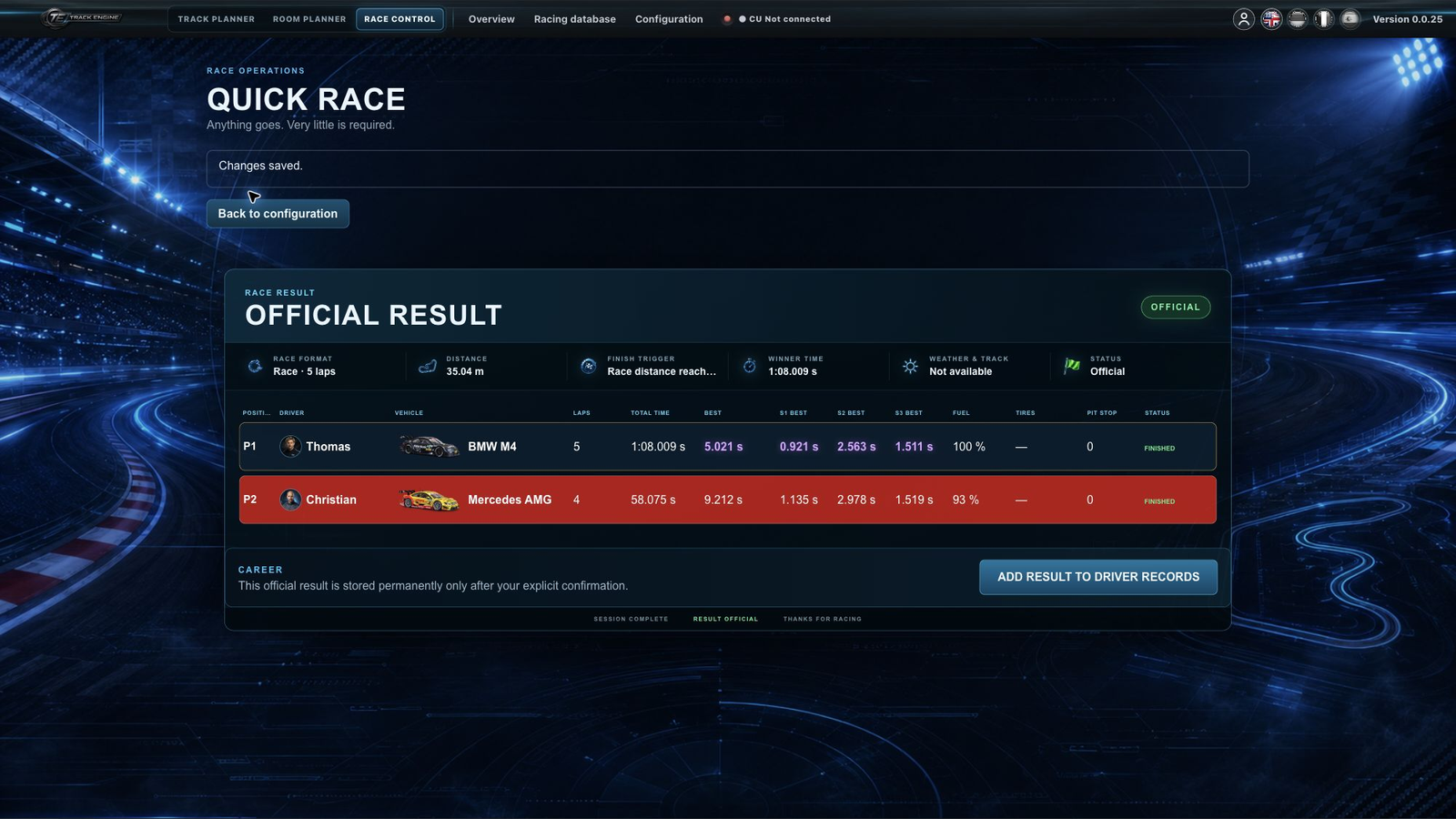 Official race result in Race Control