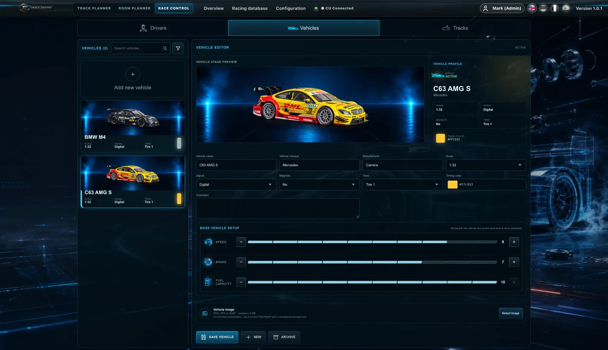 Track Engine Racing Database, Reiter Fahrzeuge: der Fahrzeug-Editor mit einem Carrera-Tourenwagen und seinem Basis-Setup