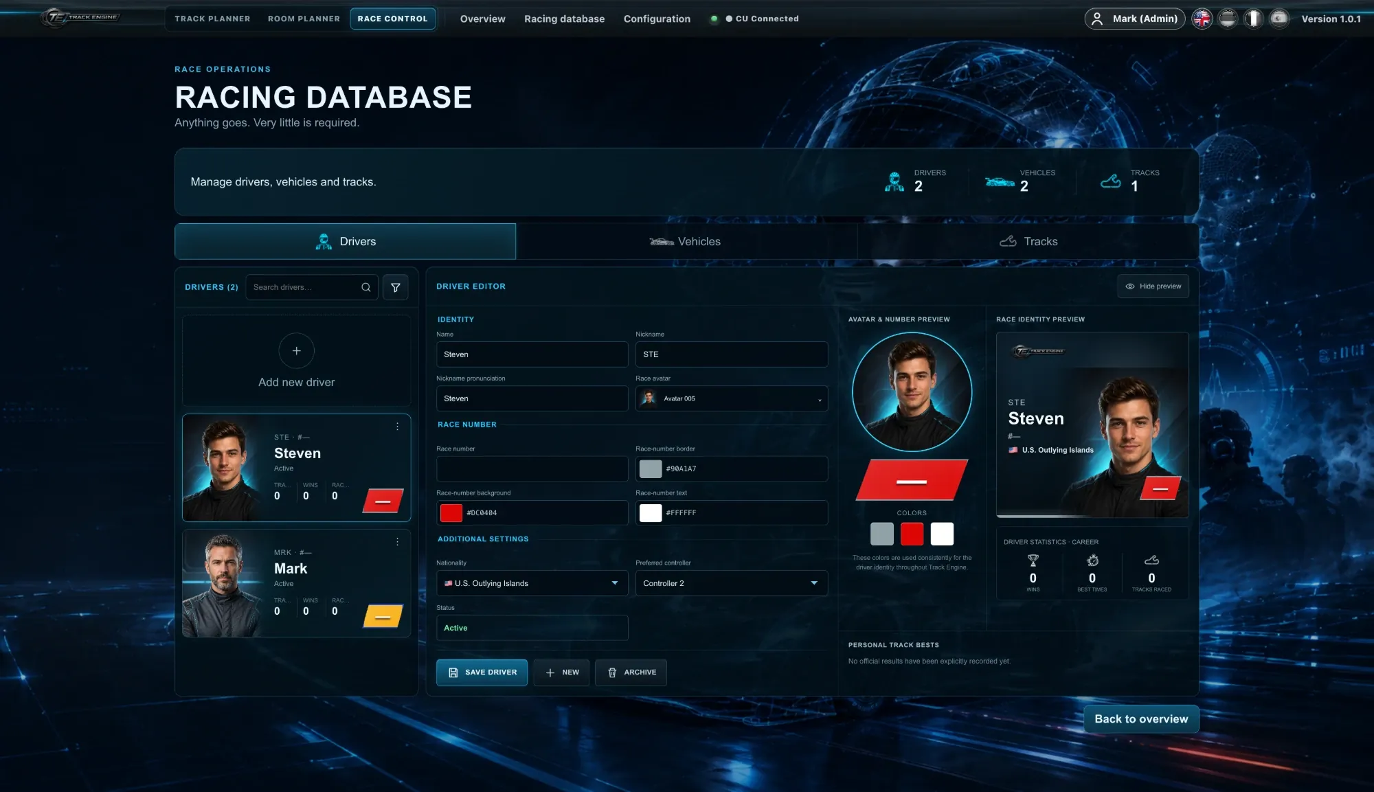Track Engine Racing Database, Reiter Fahrer: der Fahrer-Editor mit Avatar, Startnummer und Farben