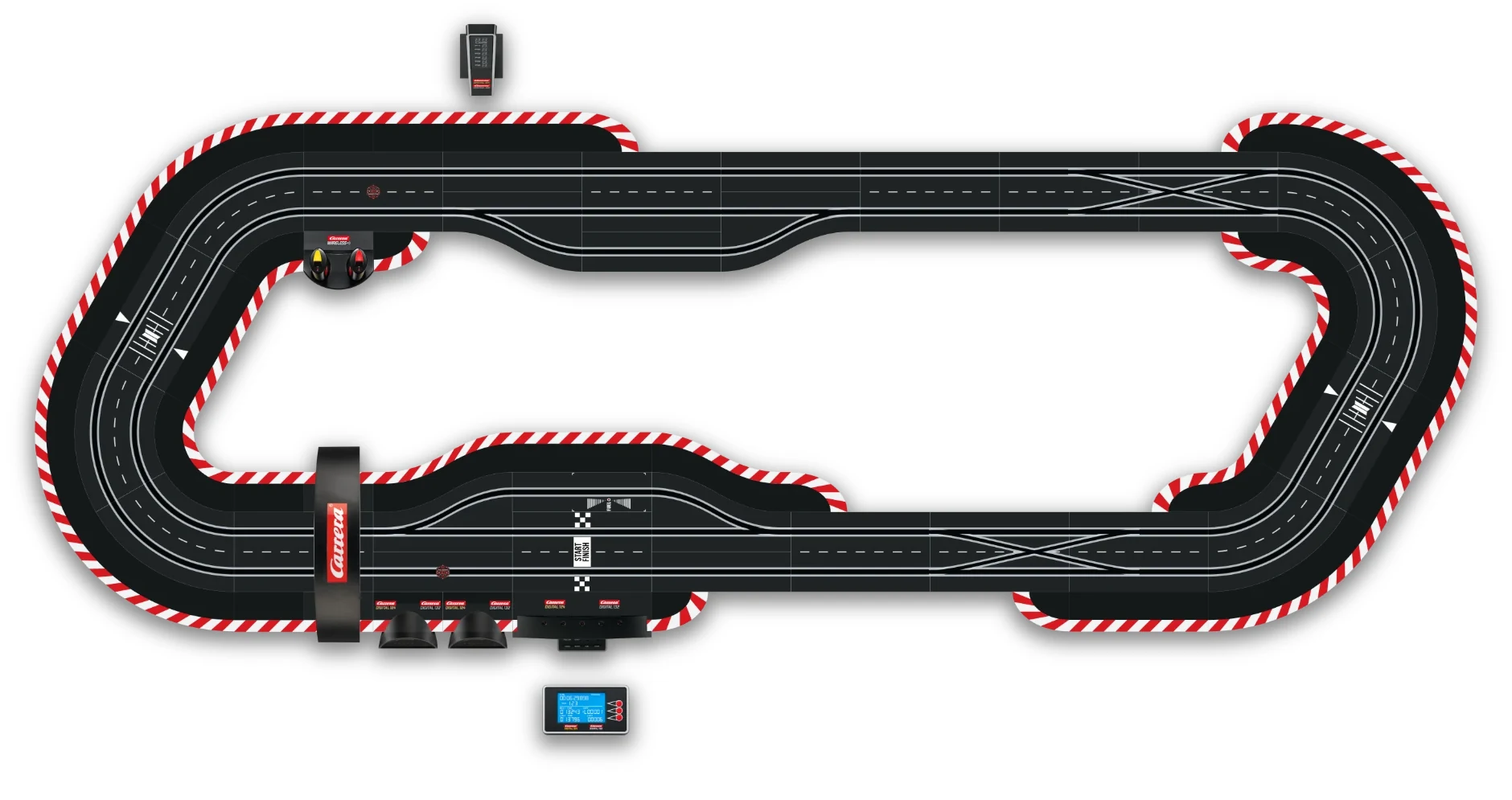 Beispiel-Layout Carrera DIGITAL mit Control Unit, Startampel, Pit Lane, Lap Counter, Driver Display, Position Tower, Adapter Unit, Check Lanes und einer zweiten Boxengasse