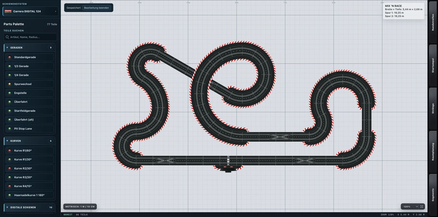 Track Engine Streckenplaner mit einem fertigen Carrera-Layout mit rot-weißen Randstreifen und der Teilepalette