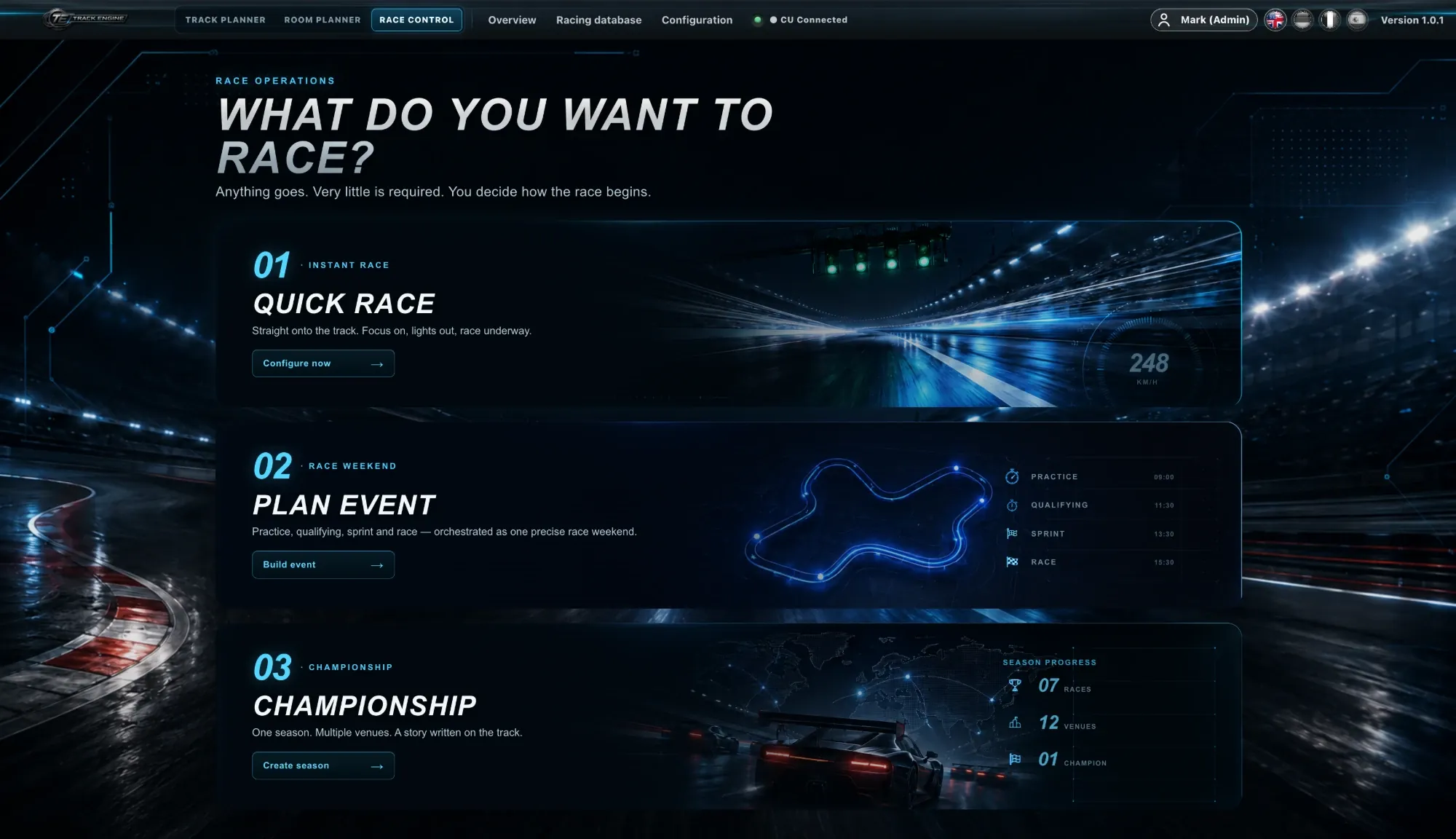 Track Engine Race Control: Auswahl zwischen Quick Race, Event planen und Meisterschaft