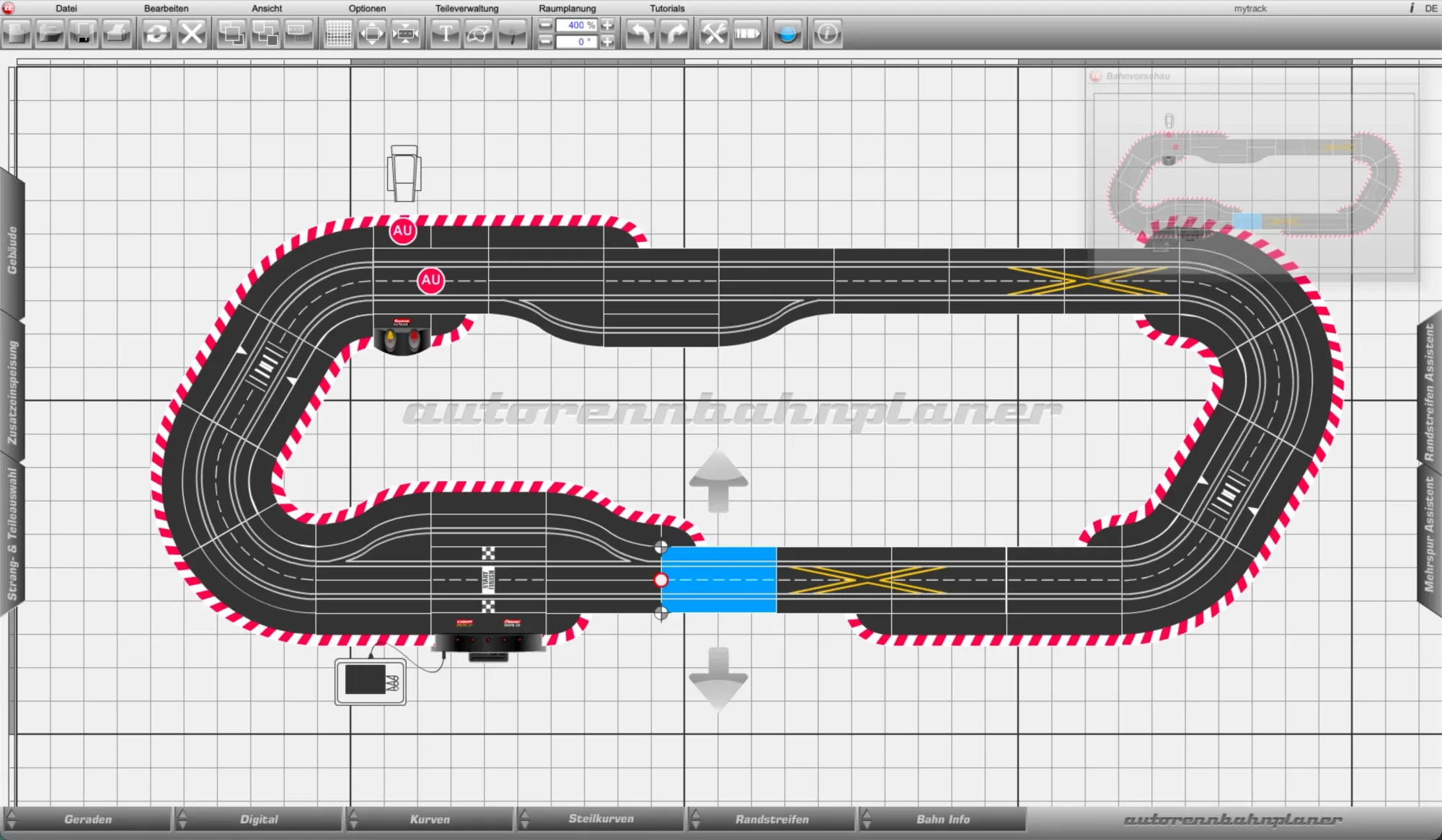 Autorennbahnplaner Streckenplaner mit einem Carrera-Layout auf einem Raster